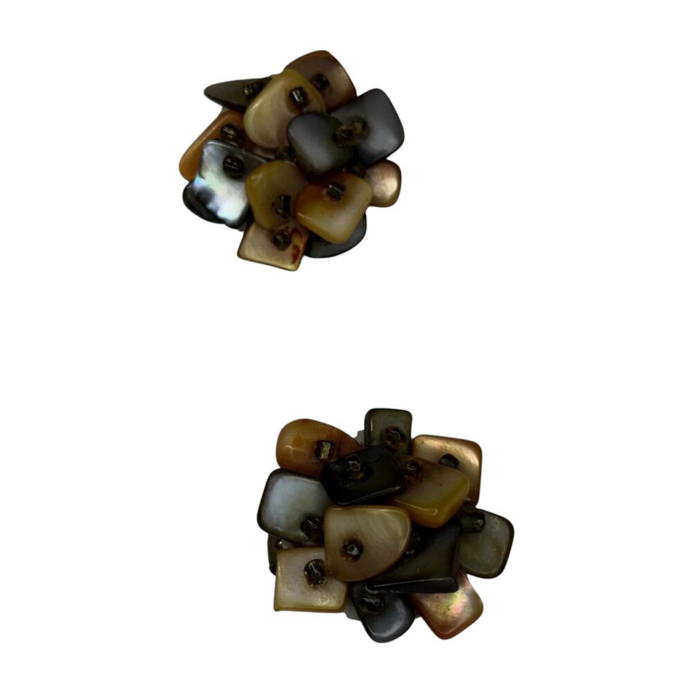 Vintage Japan Mother of Pearl Cluster Clip On Earrings Shell Tile - Picture 6 of 6